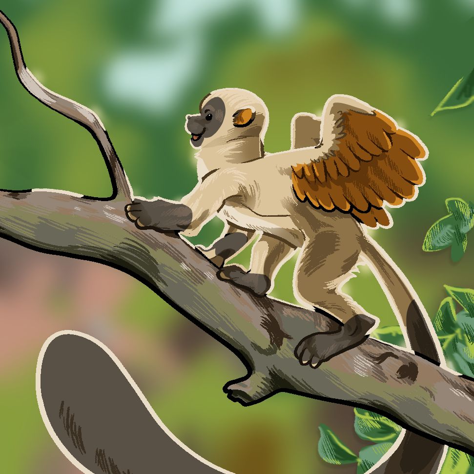 A seal point monkey/sphinx with wings that have golden feathers. He is climbing along a tree branch with sunlight illuminating around him. The background is very blurred with some leaves in the middleground.